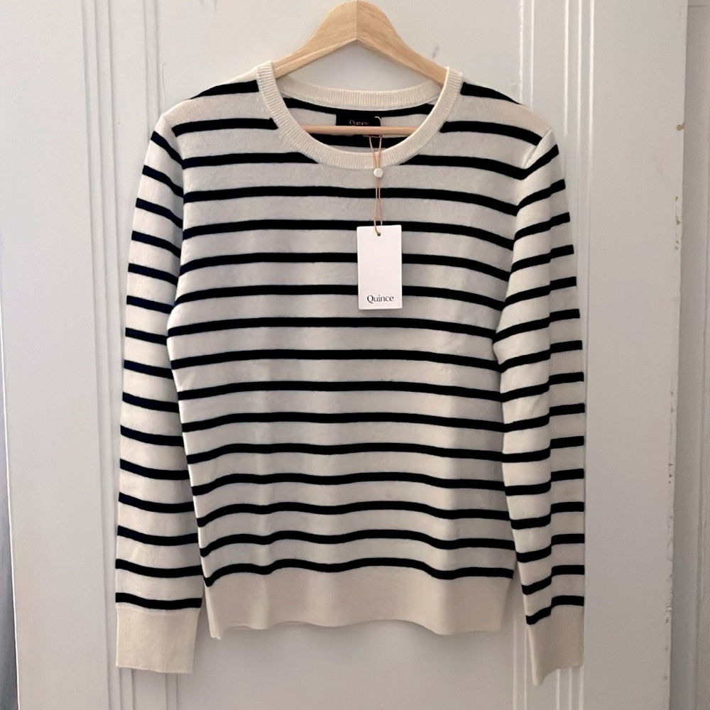 Quince Women's Cream & Black Striped Crewneck Sweater